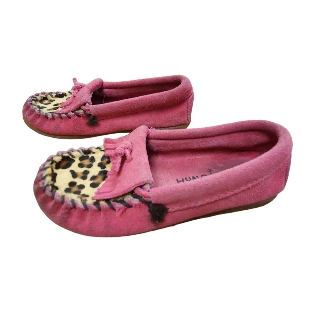 Minnetonka Moccasins Pink Leopard Print Shoes Leather Suede Kids Size 10 Girls